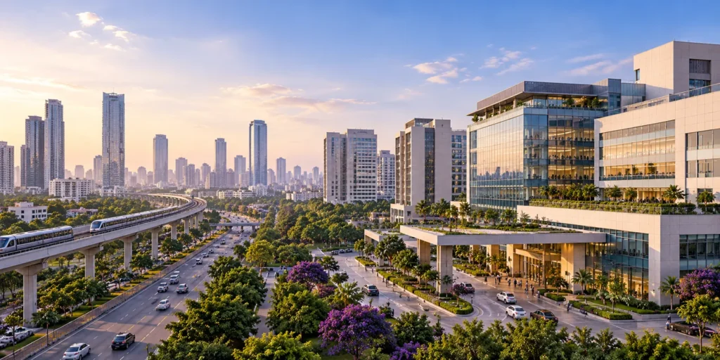 Illustrative image: a modern Indian city skyline with an elevated metro line and a hospital building