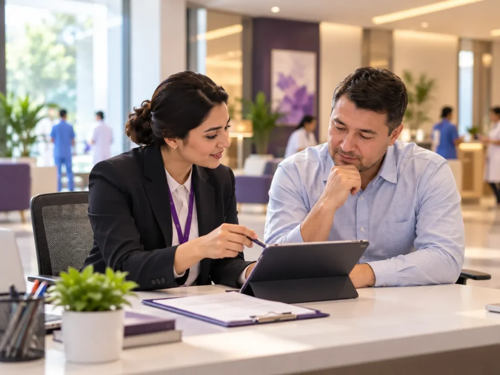A coordinator shows a man information on a tablet in a bright office
