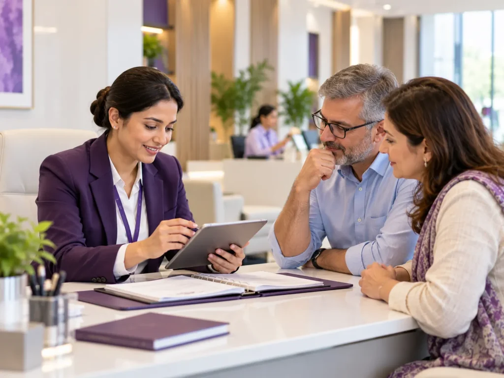 A coordinator with a tablet talks with a couple at a desk in a bright, modern lobby