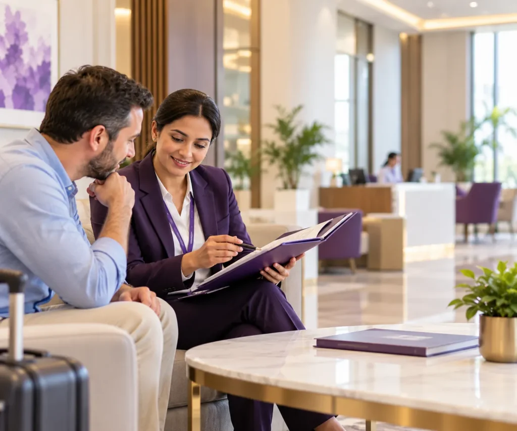 A smiling coordinator in a purple suit shows a man information in a folder; a suitcase stands beside them