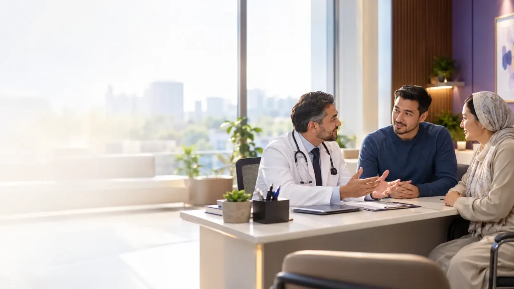 A doctor in a white coat speaks with a young man and an older woman across a desk