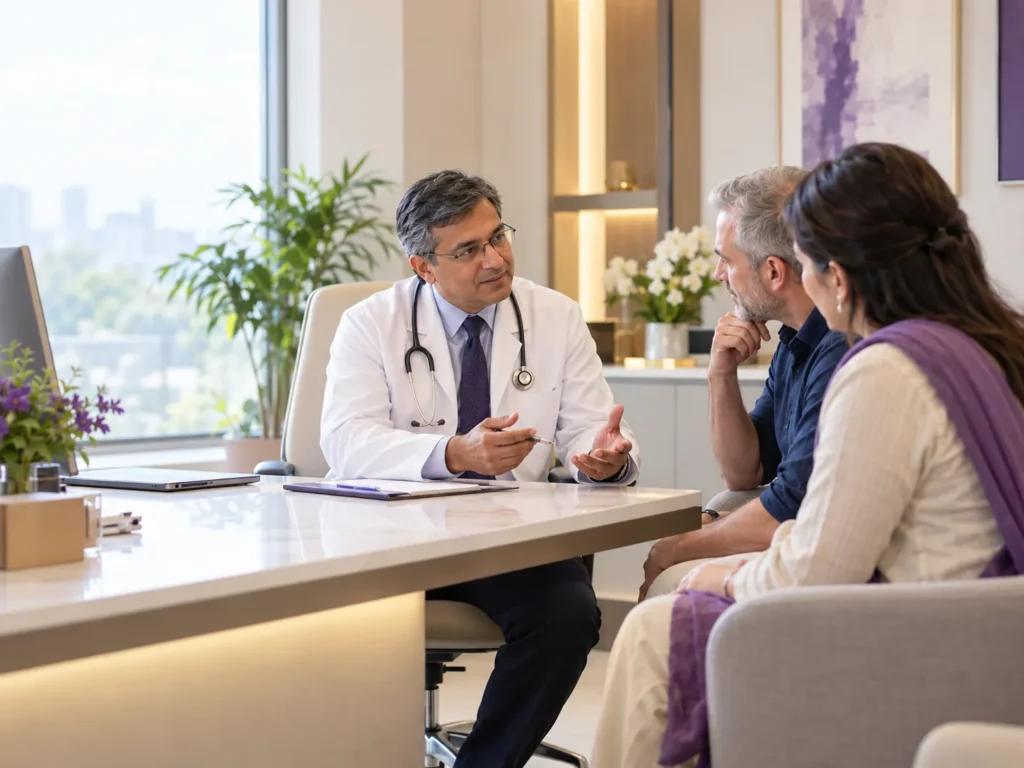A doctor explains something to a man and a woman seated across his desk in a bright clinic