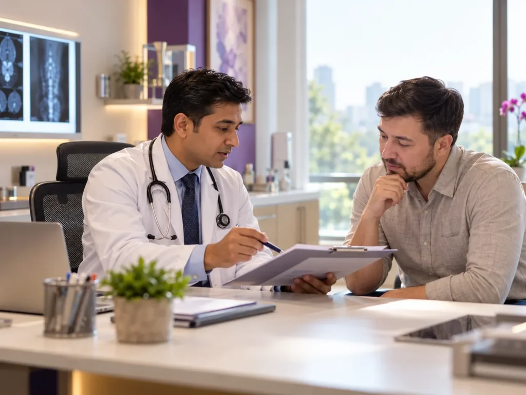 A doctor and a patient review documents together at a desk