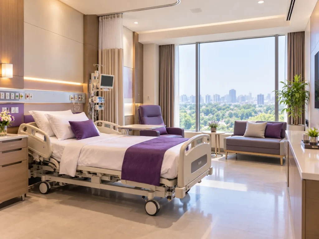 A bright private hospital room with a bed and large windows overlooking a city
