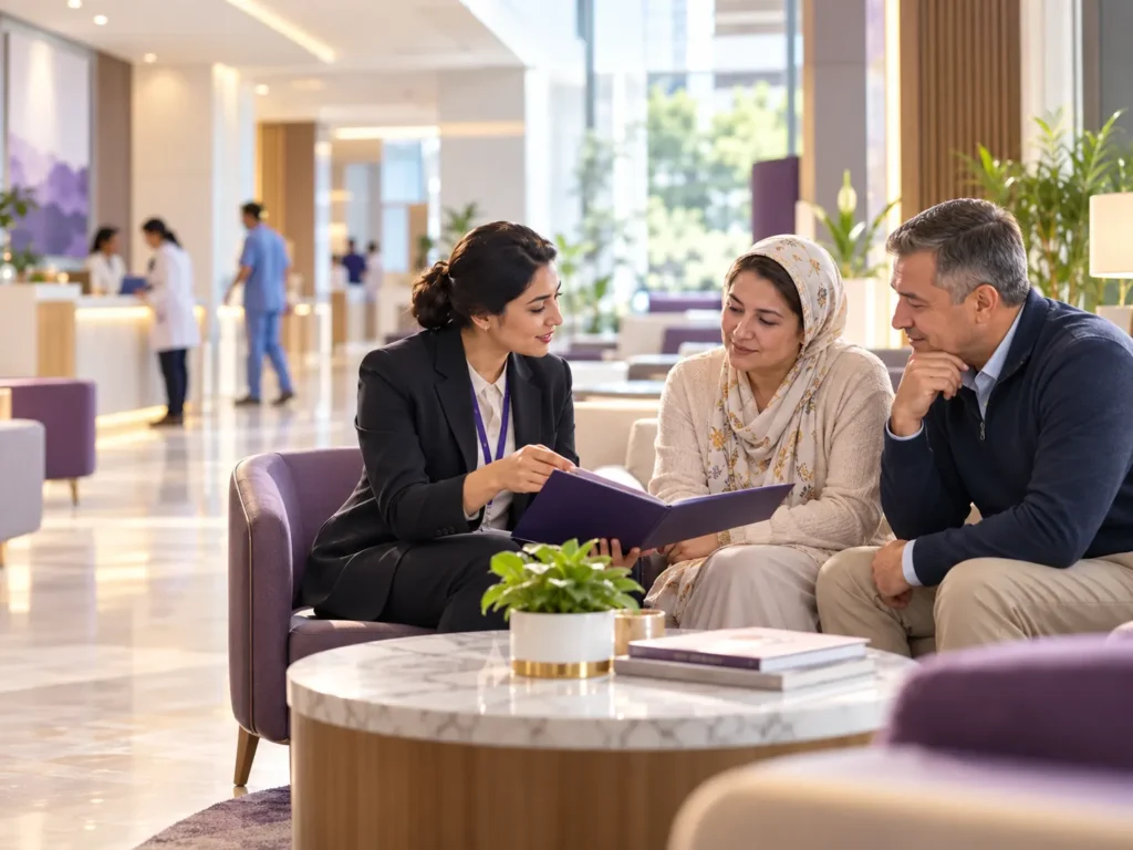 A coordinator sits with an older woman and a man on a sofa in a hospital lobby, going through a folder together
