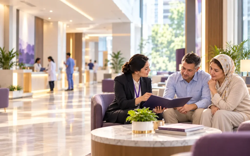 A coordinator in a hospital lobby talks a couple through information in a folder