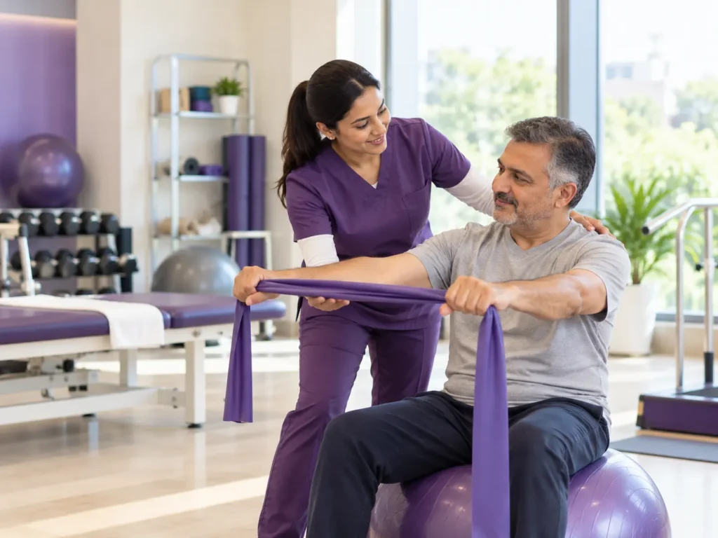 A physiotherapist guides a man through a resistance-band exercise in a rehabilitation clinic