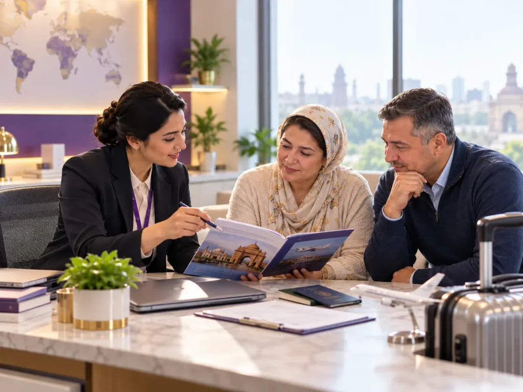 A patient coordinator reviews travel information with a couple; a passport and suitcase sit on the desk